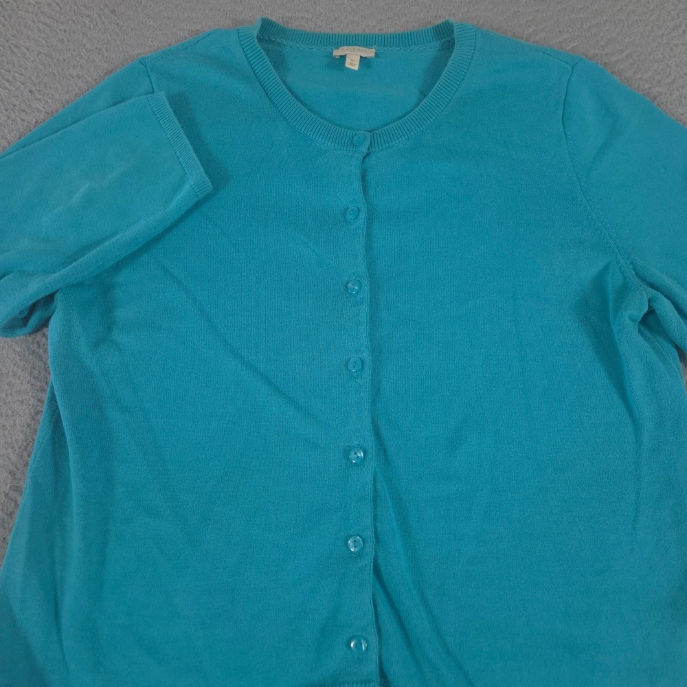 Talbots Sweater Womens XL Teal Cardigan 3/4 Sleeve Cotton Knit Textured Hem Fall